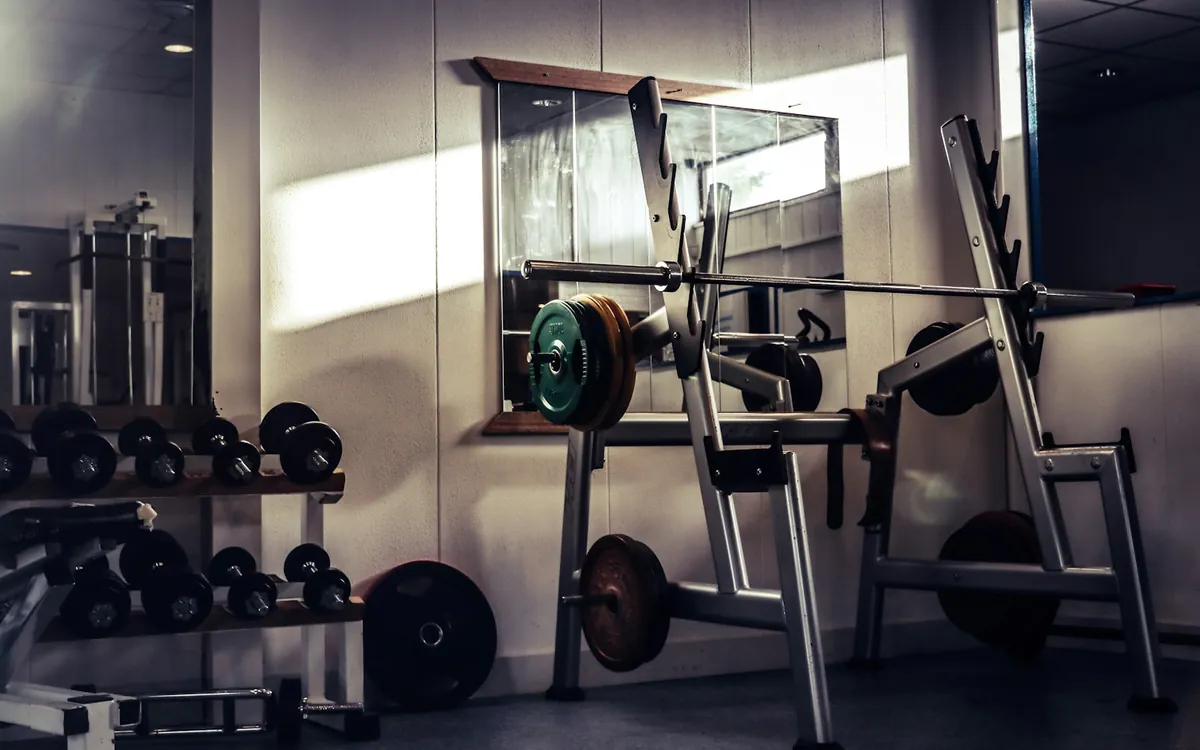A barbell and weight plates on a rack in a sunlit training room; illustrative stock photo