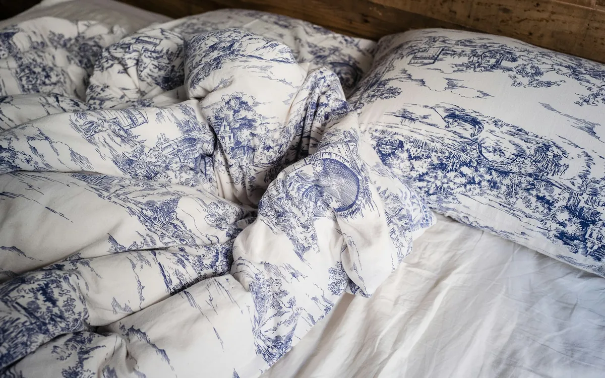 Blue-and-white pillows and bedding; illustrative stock photo